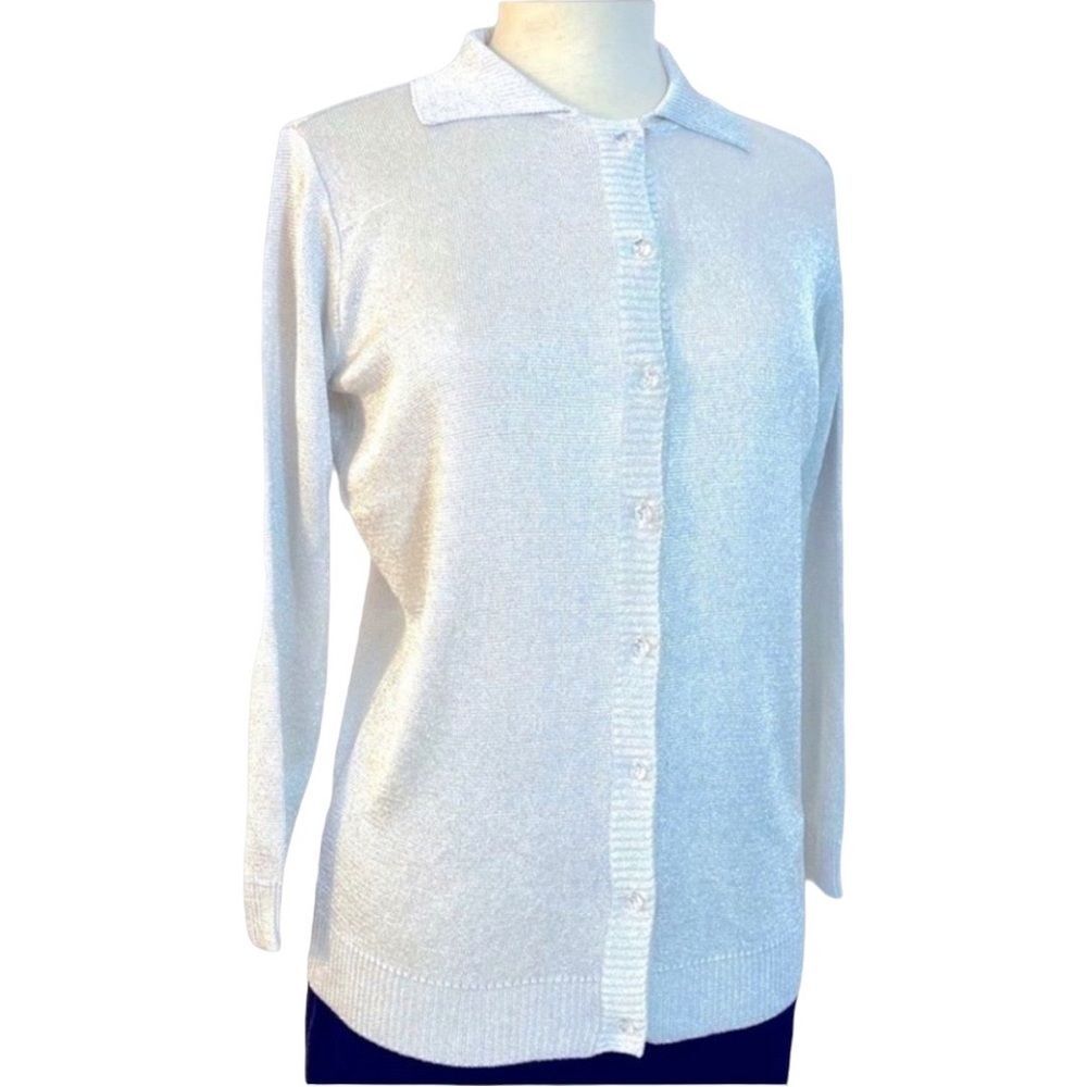 Vintage Metallic Top Silver Fine Knit Blouse Button Front Shirt Size S